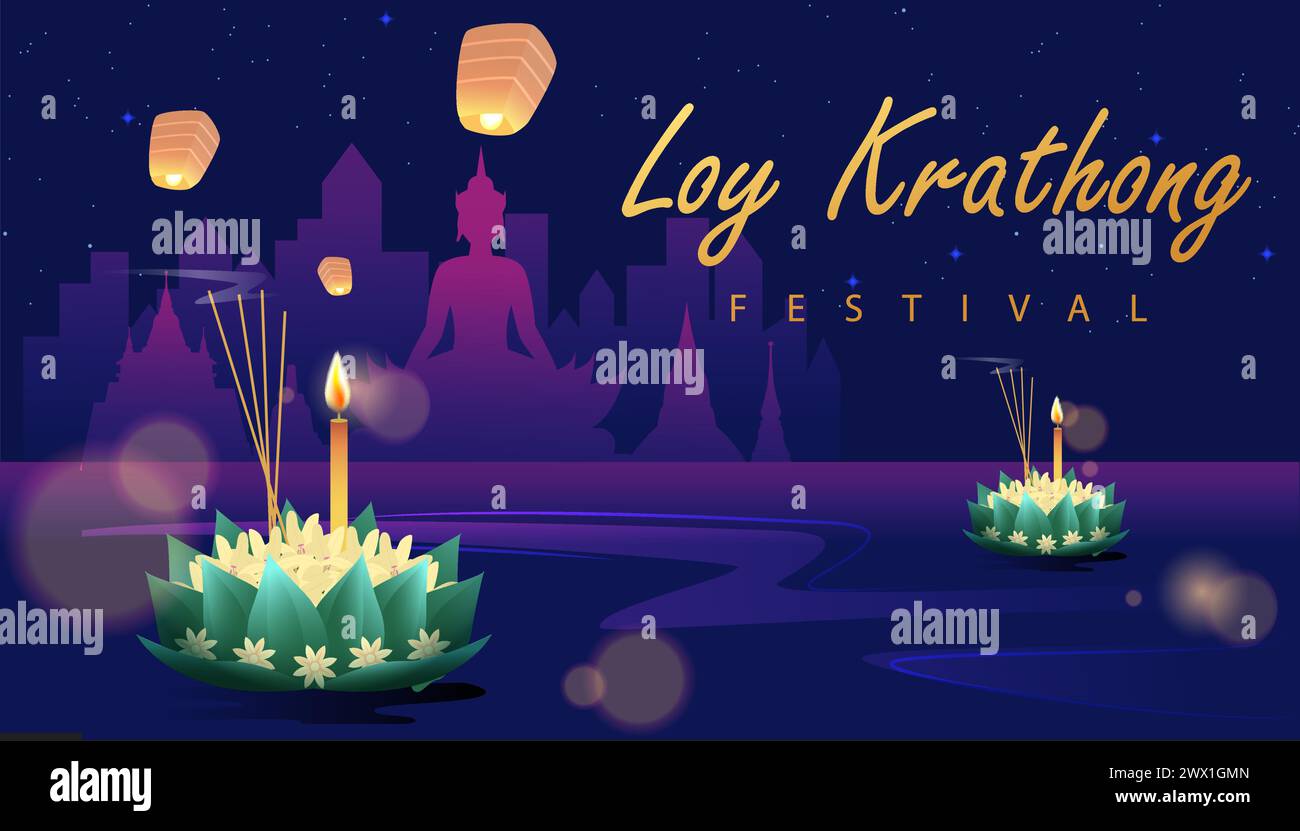 Loy krathong Festival Reise Thailand Poster Design Hintergrund Vektor Illustration. Chao Phraya Fluss Heiliger Ort in Thailand Hintergrund. Stock Vektor