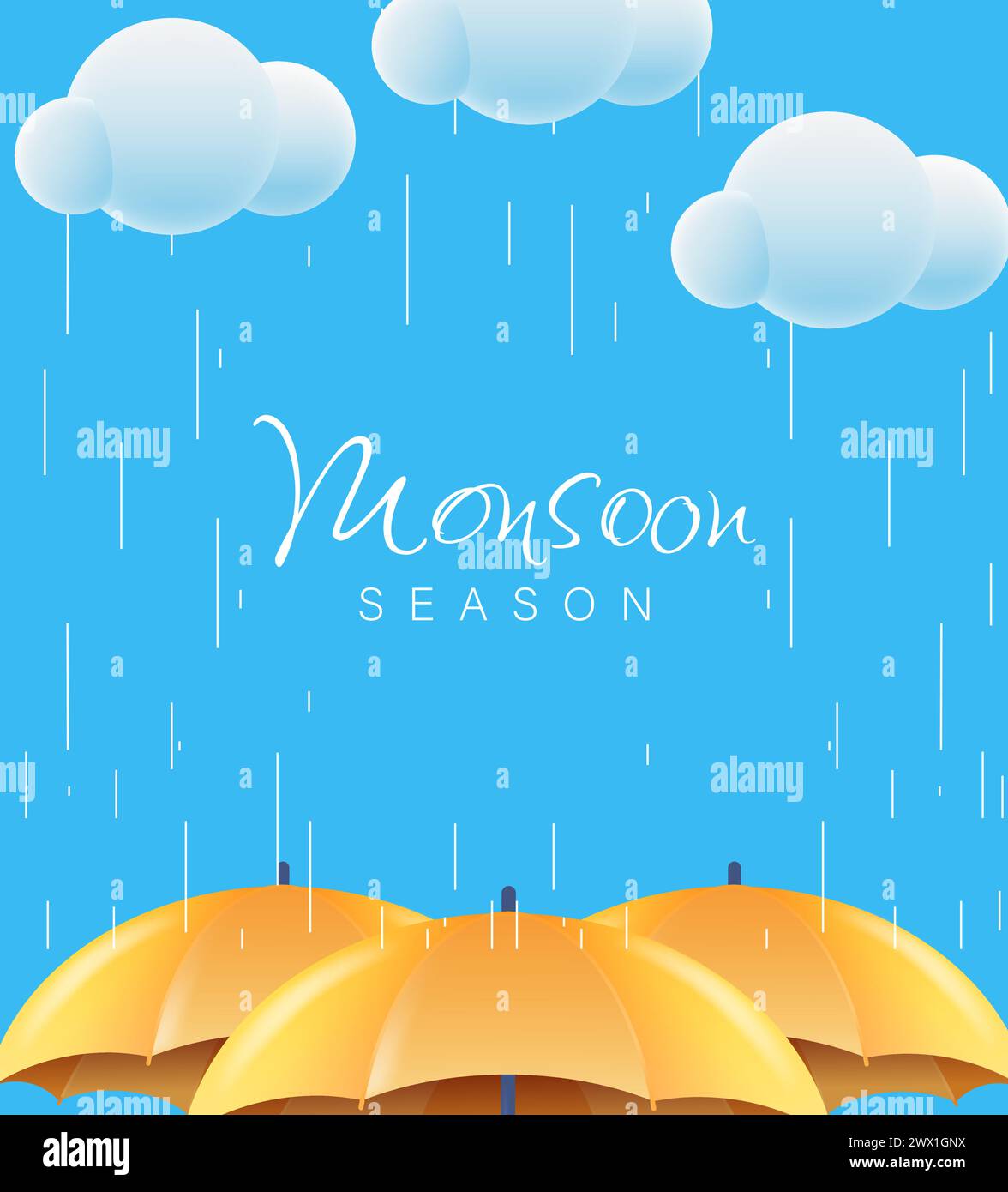 Monsun-Saison-Angebot mit realistischer 3D-Regenschirm-Vektor-Illustration. Geeignet für Poster, Banner, Flyer, Webheader und Anzeigenseitendesign. Stock Vektor
