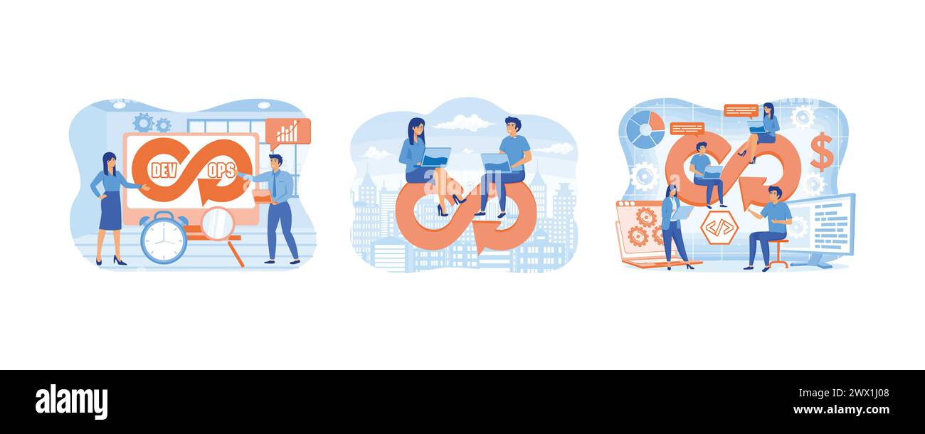 DevOps-Entwickler arbeiten mit Automatisierungsprozessen in Form von Infinity-Zeichen. Geschäftsleute, die im DevOps-Zyklus mit Computern arbeiten. DevOps-Ingenieure Stock Vektor