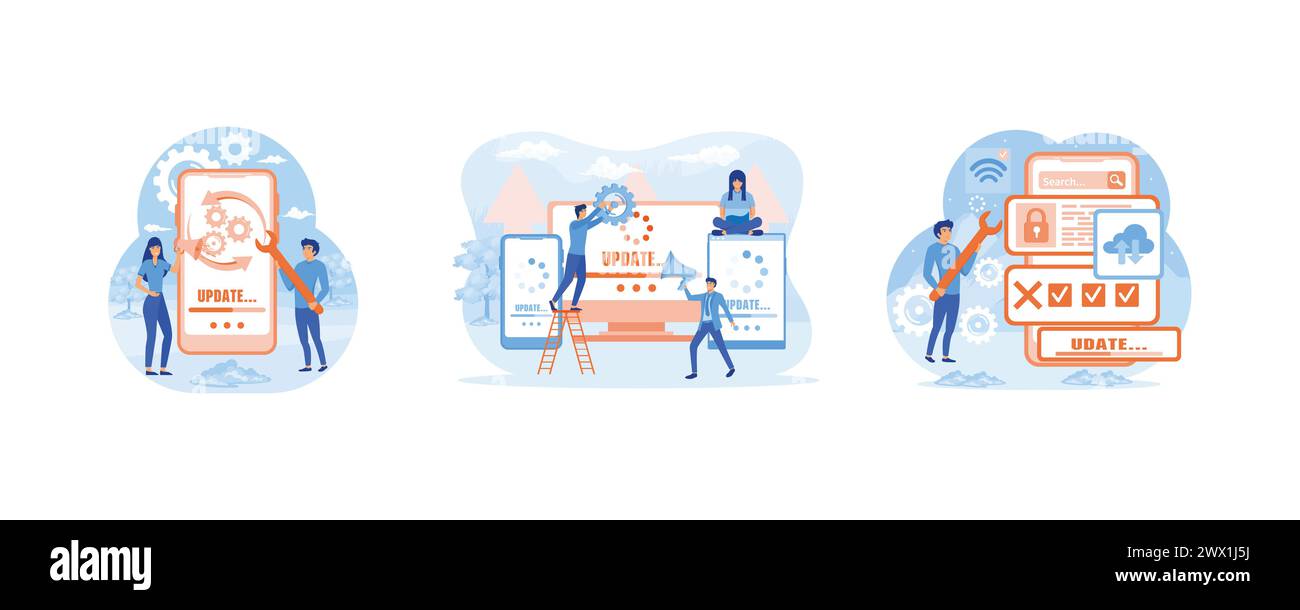 Software-Update für Benutzer für das Design mobiler Apps. Software aktualisieren MINI-Mitarbeiter arbeiten mit dem Upgrade-System. Betriebssystemkonzept. Legen Sie den flachen Vektor modern i fest Stock Vektor