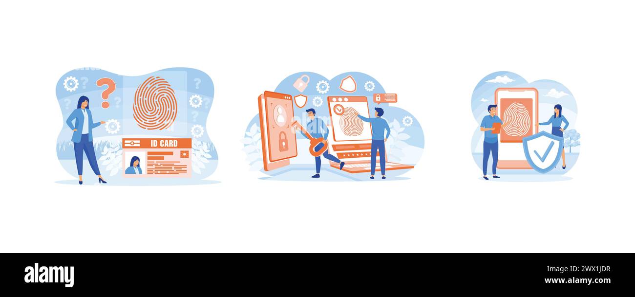 Persönliche ID und biometrische Zugangskontrolle. Biometrische Identifizierung und Verifizierung. Biometrisches Authentifizierungskonzept. Set Flat Vector modern illustr Stock Vektor