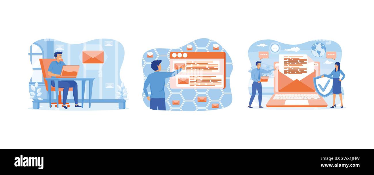 Postdienstkonzept. Mann auf dem Browser-Bildschirm, der die Mailbox online überprüft. E-Mail-Service, E-Mail-Nachricht, E-Mail-Benachrichtigung senden. Legen Sie den flachen Vektor modern i fest Stock Vektor