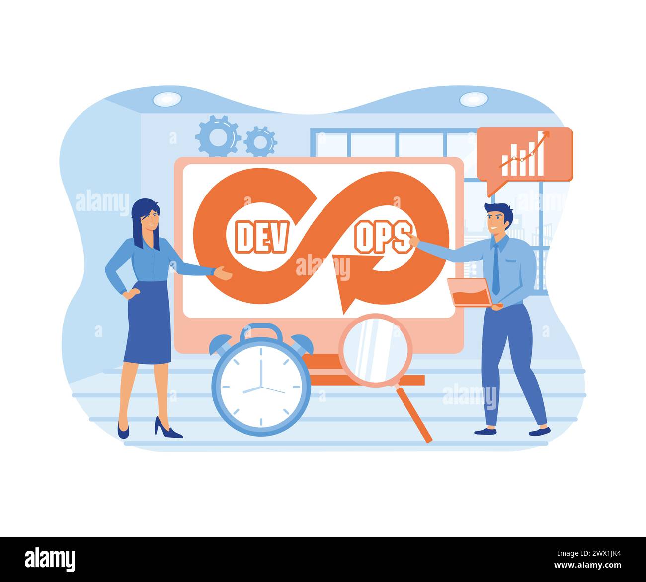 DevOps-Entwickler arbeiten mit Automatisierungsprozessen in Form von Infinity-Zeichen. Softwareentwicklung. Moderne Illustration des flachen Vektors Stock Vektor