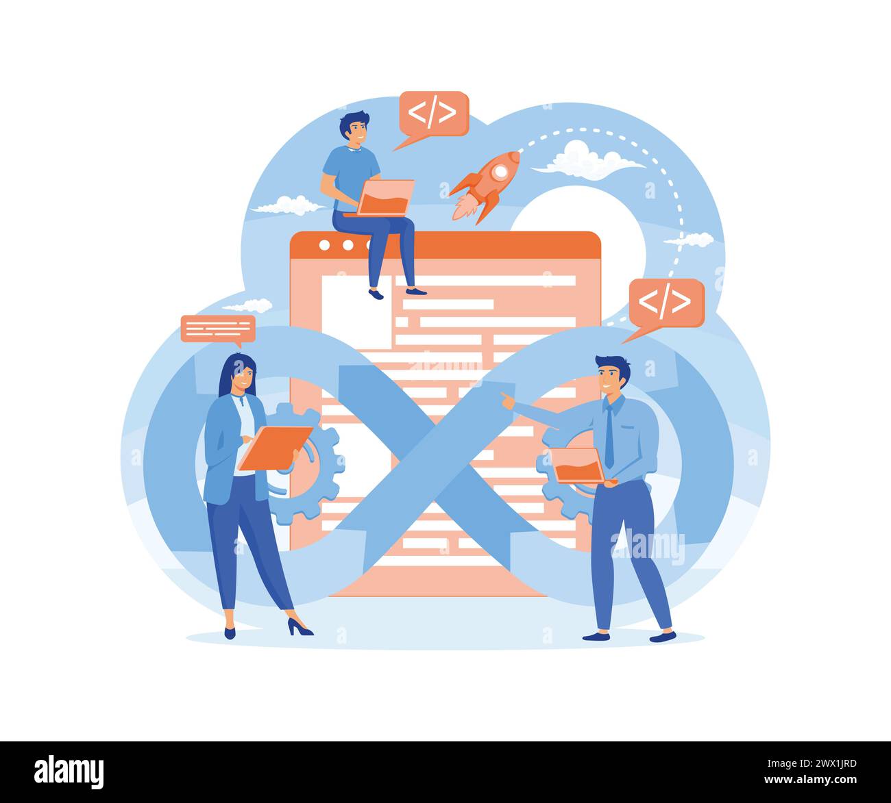 DevOps Entwickler Charaktere, Automatisierungsprozess für die Softwarebereitstellung. Workflow für Softwareentwicklungsvorgänge. Teamkooperation. Flacher Vektor Mo Stock Vektor