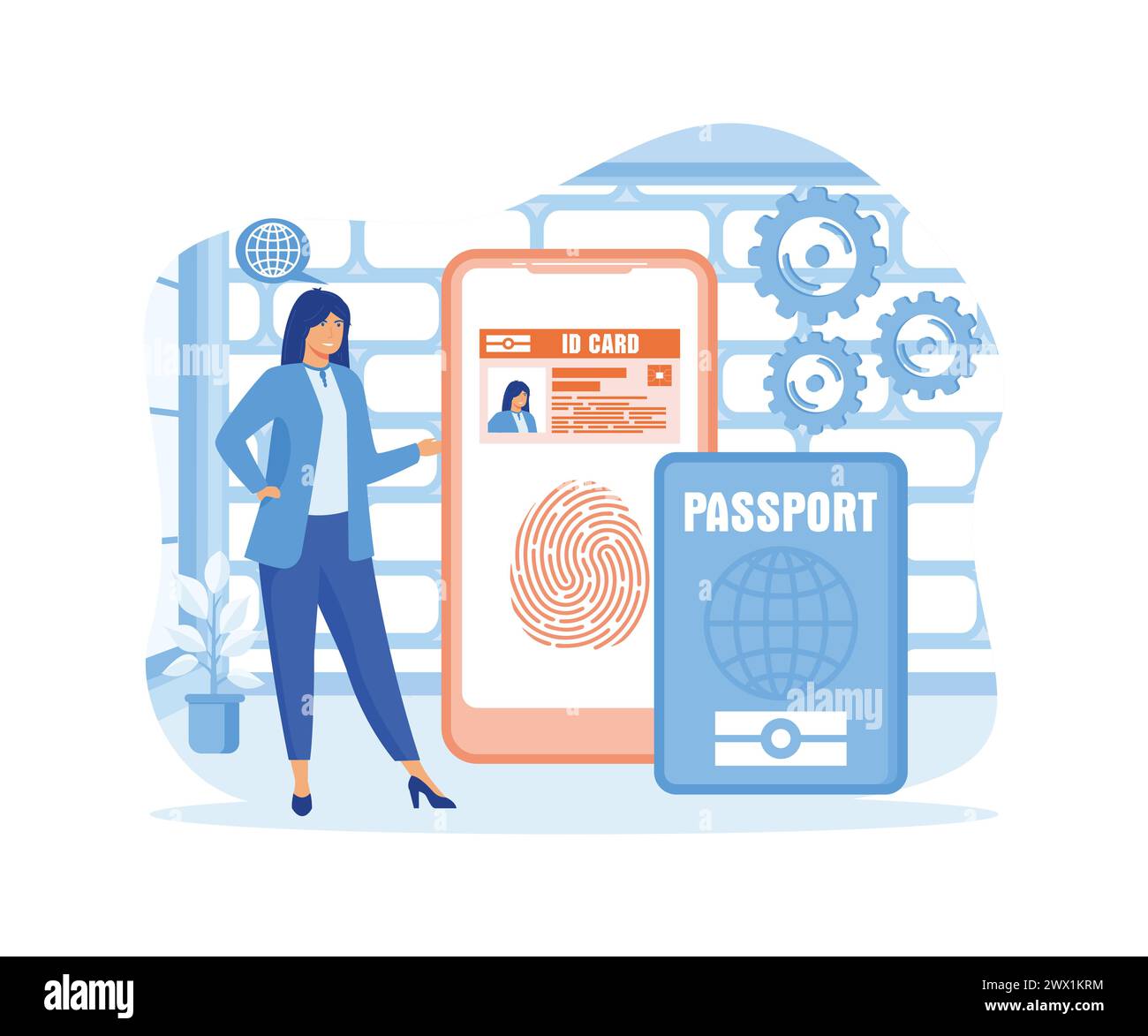 Biometrische Dokumente in der Smartphone-App. Smart ID Card Konzept. Digitaler Reisepass und Führerschein. Elektronischer Personalausweis. Flache Vektoren, moderne Illust Stock Vektor