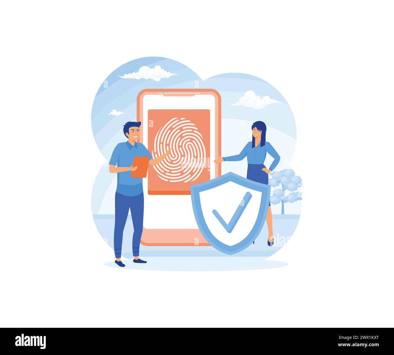 Biometrisches Authentifizierungskonzept. Datenschutz und Erkennung, biometrische Zugangskontrolle, Fingerabdruck-Screening-Sicherheitssystem. Flacher Vektor moderne Illustration Stock Vektor