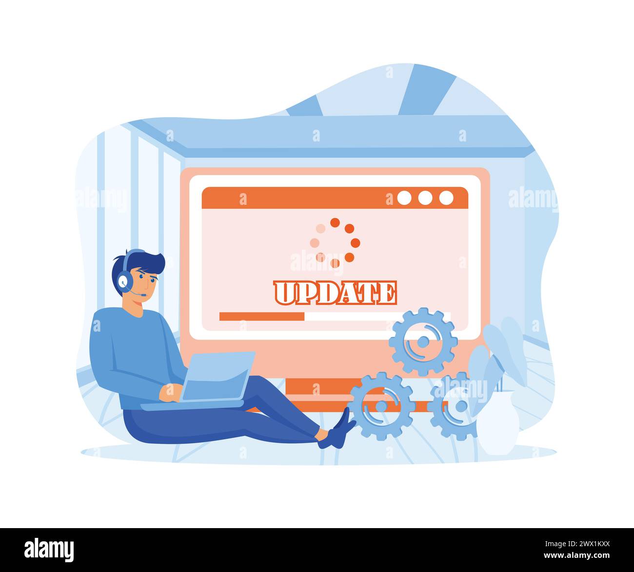 Systemaktualisierung. Das Programmiergerät hinter dem Computerbildschirm. Neue Softwareversion. Update-Prozess wird installiert. Moderne Illustration des flachen Vektors Stock Vektor