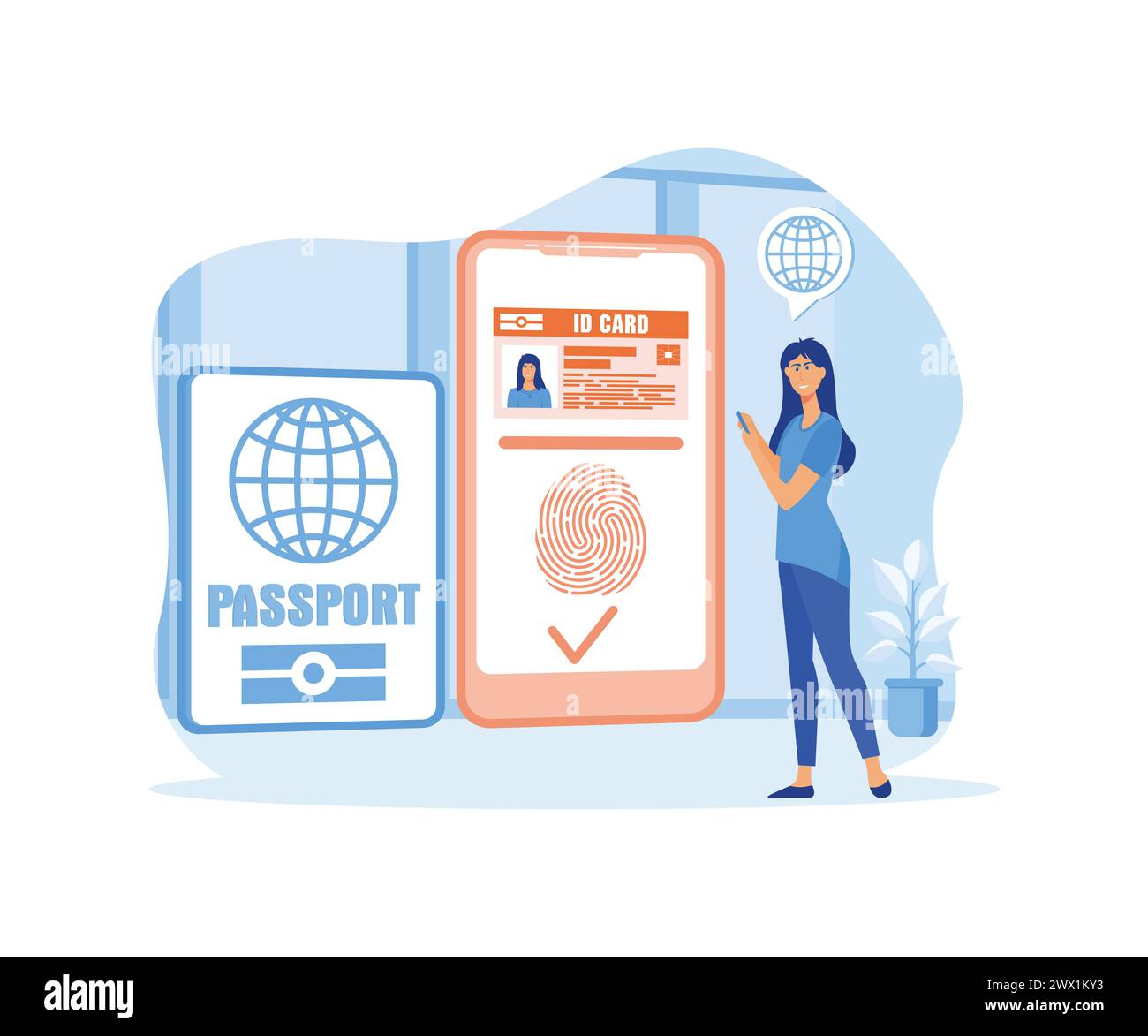 Smart ID-Karte. Biometrische Dokumente in der Smartphone-App. Elektronischer Personalausweis. Digitaler Reisepass und Führerschein. Moderne Illustration des flachen Vektors Stock Vektor