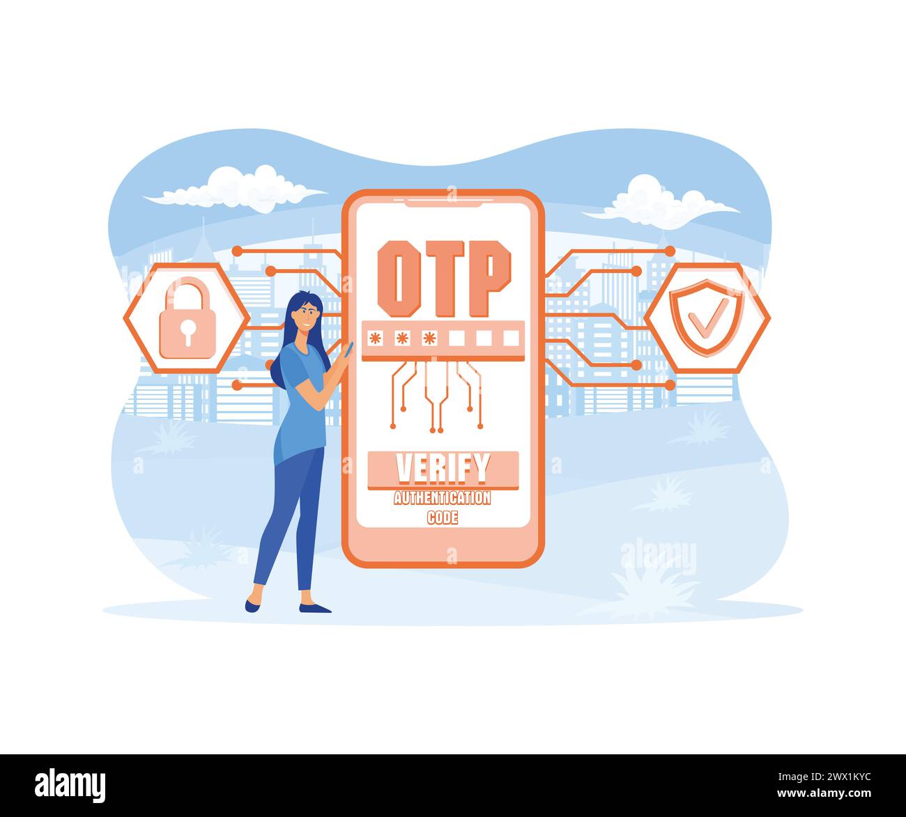 OTP, einmaliges Kennwort für sichere Transaktionen bei digitalem Zahlungskonzept mit Symbolen. Moderne Illustration des flachen Vektors Stock Vektor