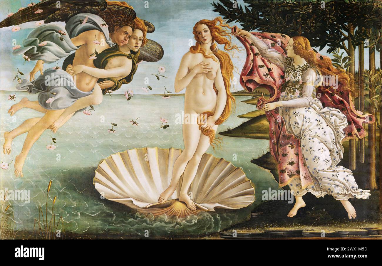Die Geburt der Venus ist ein Gemälde des italienischen Künstlers Sandro Botticelli, das wahrscheinlich Mitte der 1480er Jahre entstanden ist Stockfoto