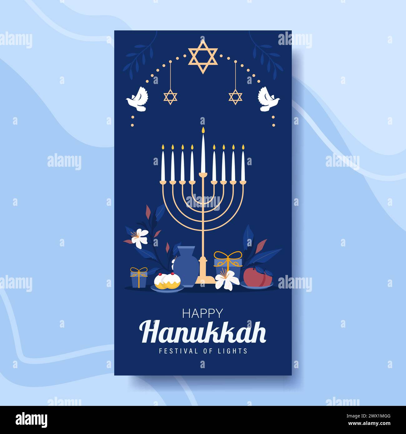 Happy Hanukkah, Jüdisches Lichterfest Hintergrund. Religiöse Festliche Symbole Vektor-Illustration. Stock Vektor