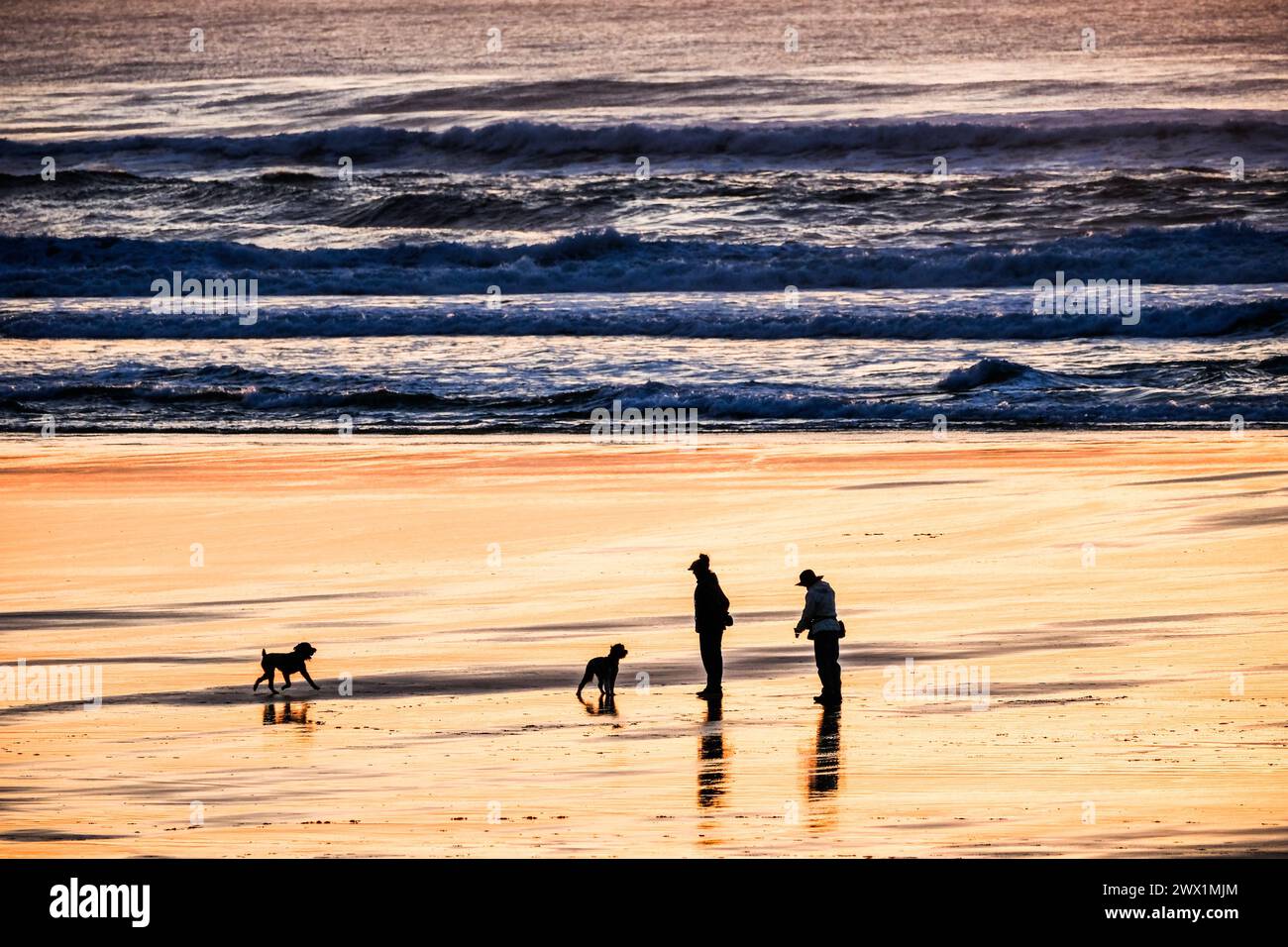 Menschen, die am Strand am Pazifik in Manzanita, Oregon, spazieren gehen. Stockfoto