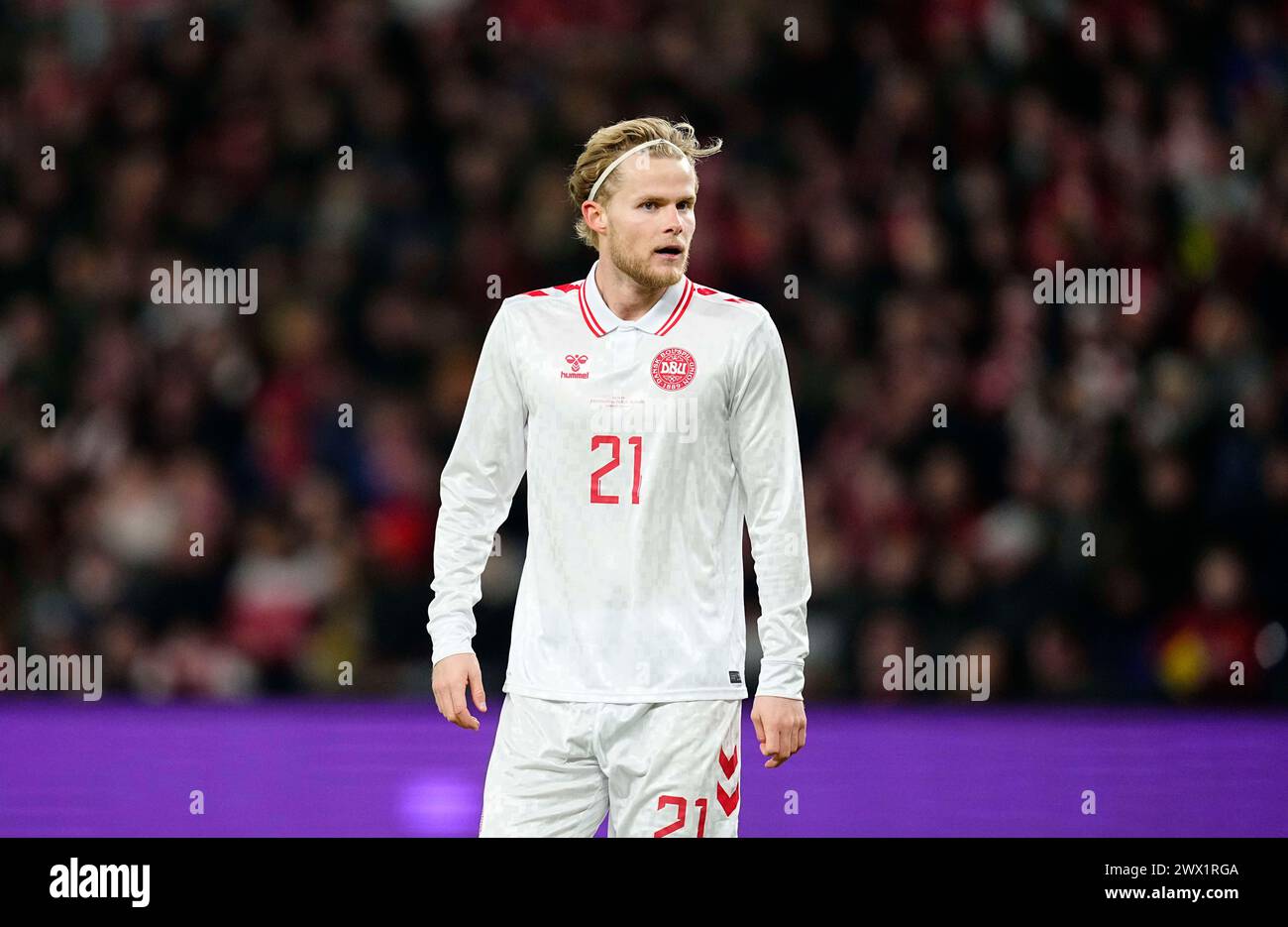 26. März 2024: Morten Hjulmand (Dänemark) sieht beim UEFA-Freundschaftsspiel Dänemark gegen Färöer-Inseln im Broendby-Stadion in Kopenhagen an. Ulrik Pedersen/CSM Stockfoto