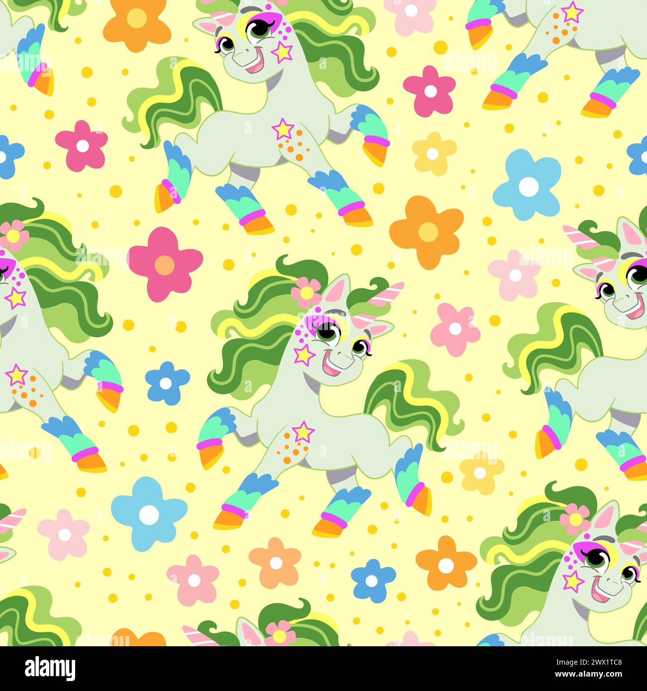 Wunderschönes Sommer-Einhorn mit Blumen auf einem gelben Hintergrund nahtloses Muster Stock Vektor