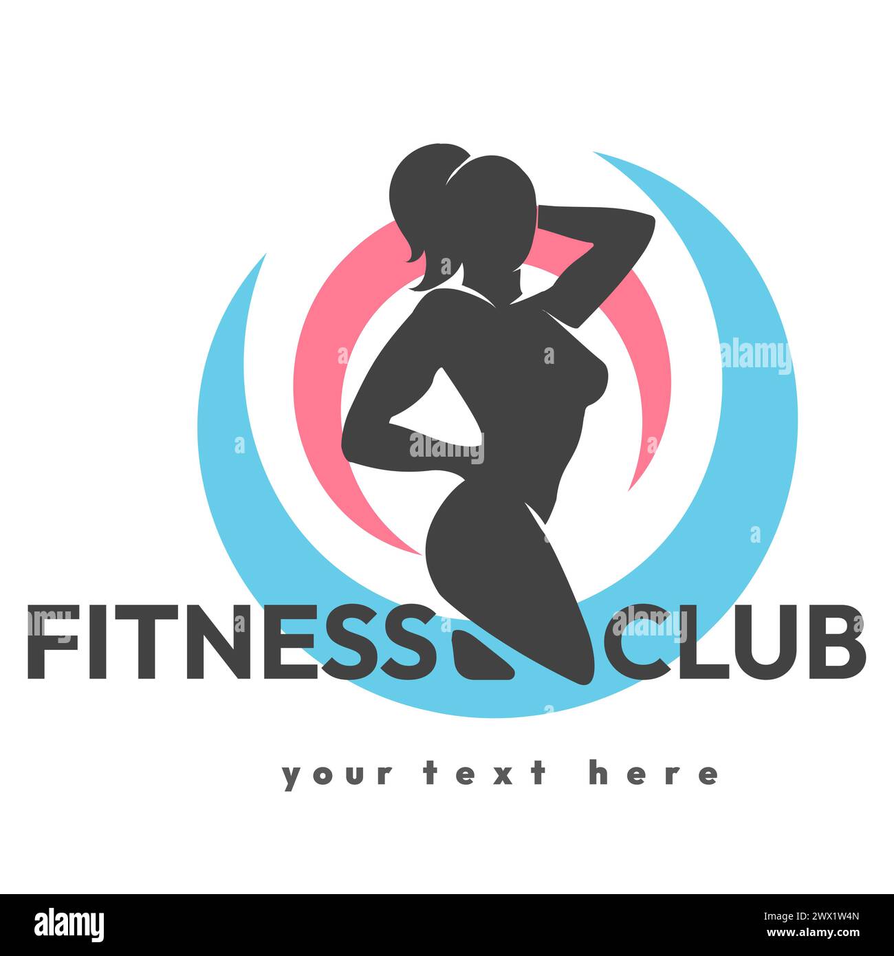 Fitness Club Gym Athletic Center Logo oder Emblem. Starke Frau, die Silhouettenvektor-Illustration lokalisiert auf weißem Hintergrund posiert. Es wurde keine AI benutzt. Stock Vektor