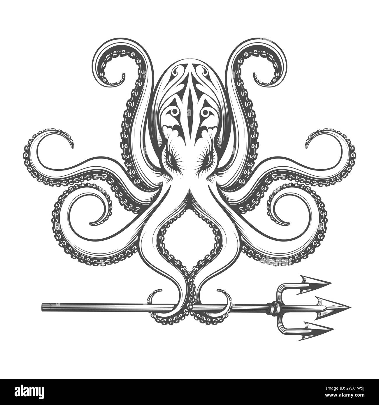 Oktopus hält Trident in Tentakeln Gravur Illustration isoliert auf weißem Hintergrund. Es wurde keine AI verwendet. Stock Vektor