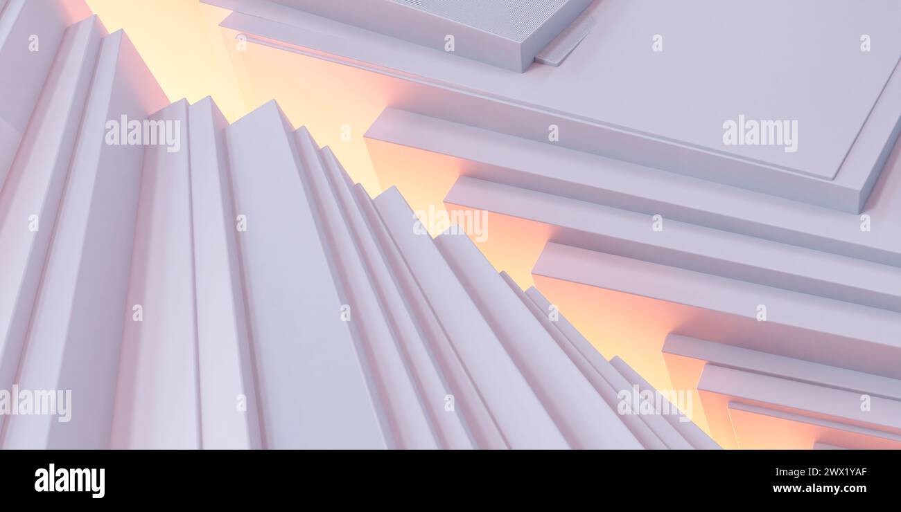 Abstrakte pastellfarbene geometrische Formen unter warmem Sonnenuntergangslicht 3D-Darstellung Stockfoto