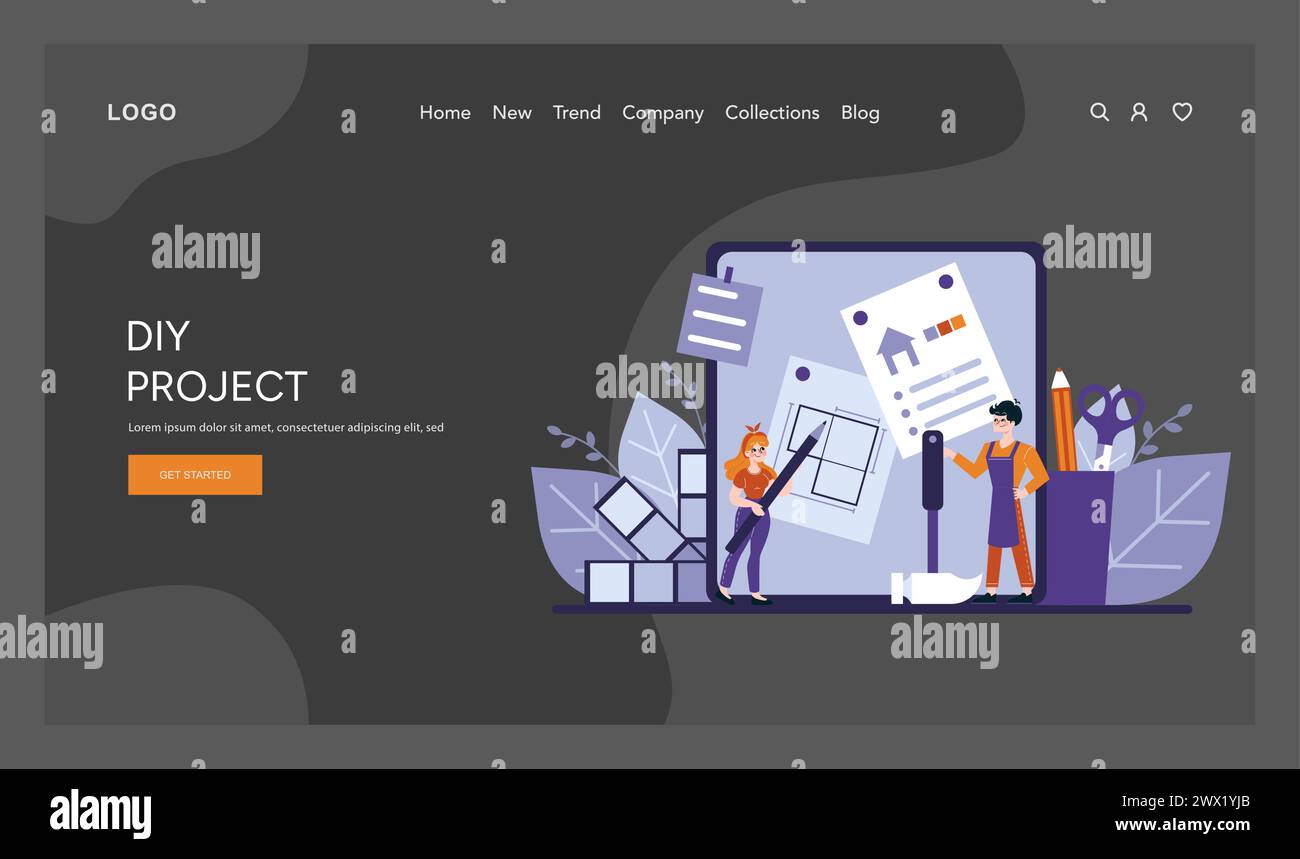 Heimwerkerprojekte festgelegt. Kreative Seelen tauchen in die Kunst des Kunsthandwerks ein, umgeben von Werkzeugen und Bauplänen, um die Freude an handgemachten Bemühungen zu feiern. Vektorabbildung Stock Vektor