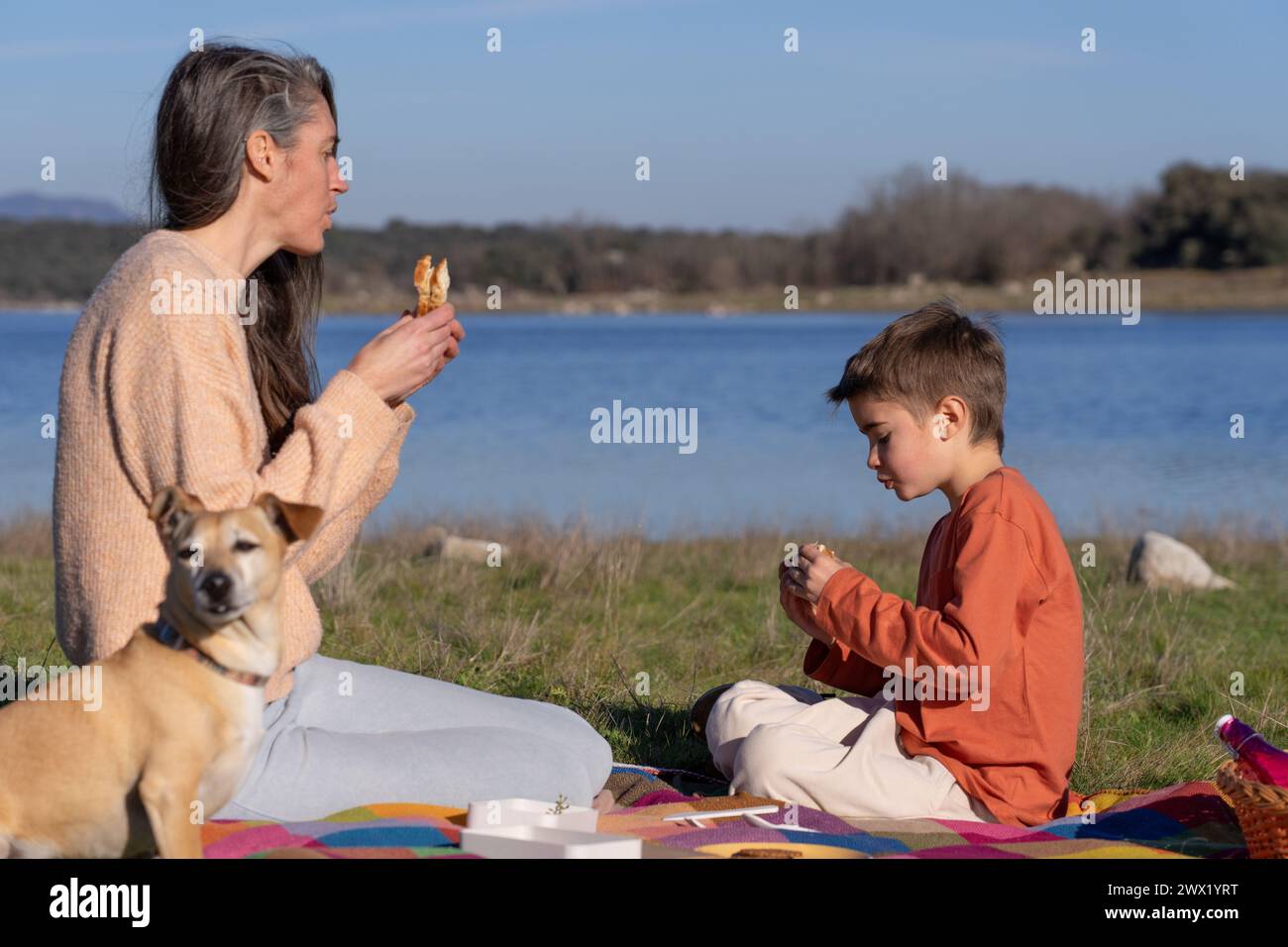 Familie von Mutter, Sohn und Hund, die zusammen ein Picknick in der Natur mit einem See machen. Mutter und Sohn essen ein Sandwich Stockfoto