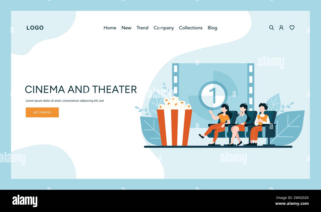 Kinoerlebnis-Konzept. Filmliebhaber tauchen in die Magie des Films ein. Genießen Sie die Großbildleinwand in einer Theaterumgebung mit Popcorn. Vektorabbildung Stock Vektor