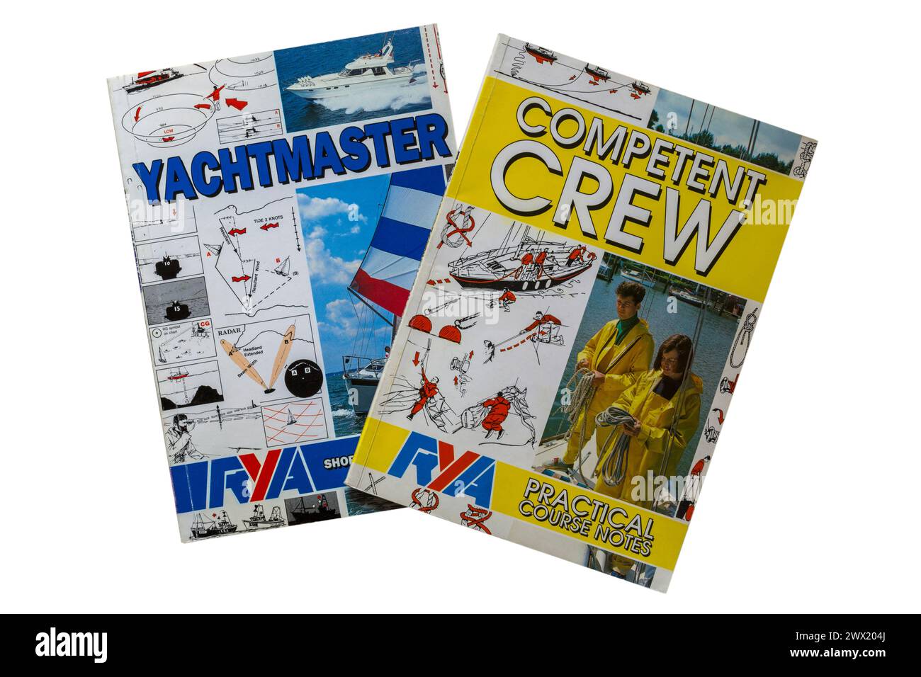 Kompetente Crew und Yachtmaster RYA Booklets Bücher isoliert auf weißem Hintergrund Stockfoto