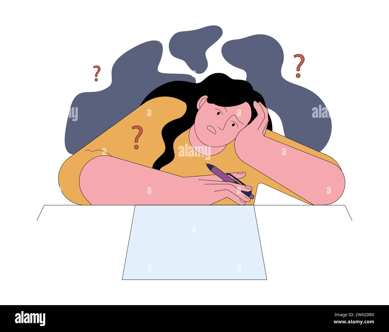 Angst vor Inkompetenz. Verwirrte, unsichere Frau mit Leerseitensyndrom. Gestresster Charakter mit weißem Blatt und Selbstzweifel. Professionell mit geringem Selbstwertgefühl. Illustration des flachen Vektors Stock Vektor