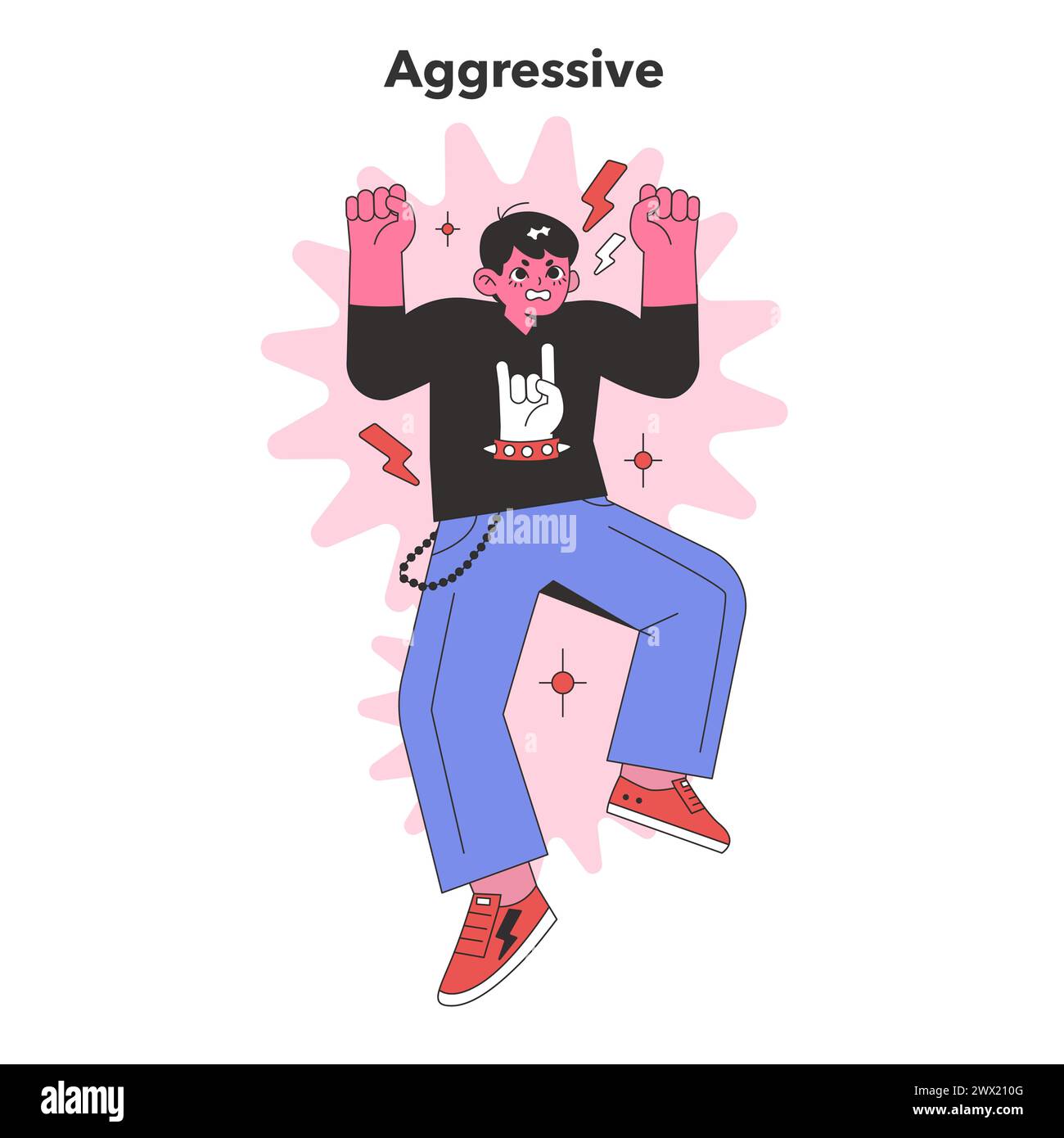 Aggressive Persönlichkeitsdarstellung. Eine animierte Figur in dynamischer Pose, die konfrontatives und feindseliges Verhalten repräsentiert. Illustration des flachen Vektors Stock Vektor