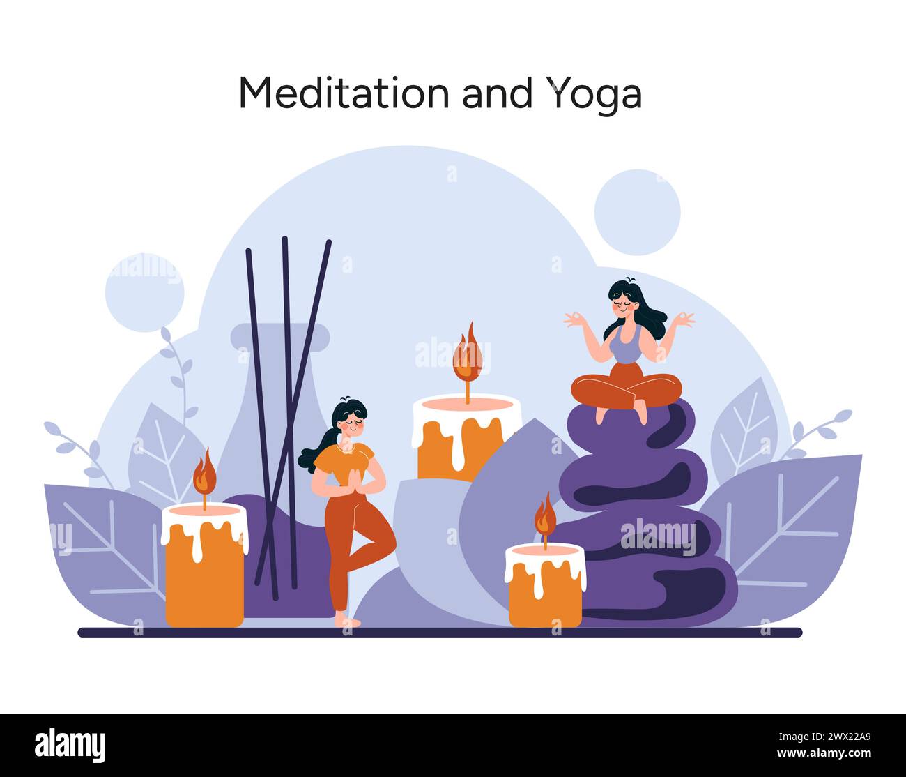 Achtsamkeit Retreat-Konzept. Ruhige Figuren üben Yoga und Meditation und suchen inneren Frieden zwischen beruhigenden Kerzen und Naturelementen. Vektorabbildung Stock Vektor
