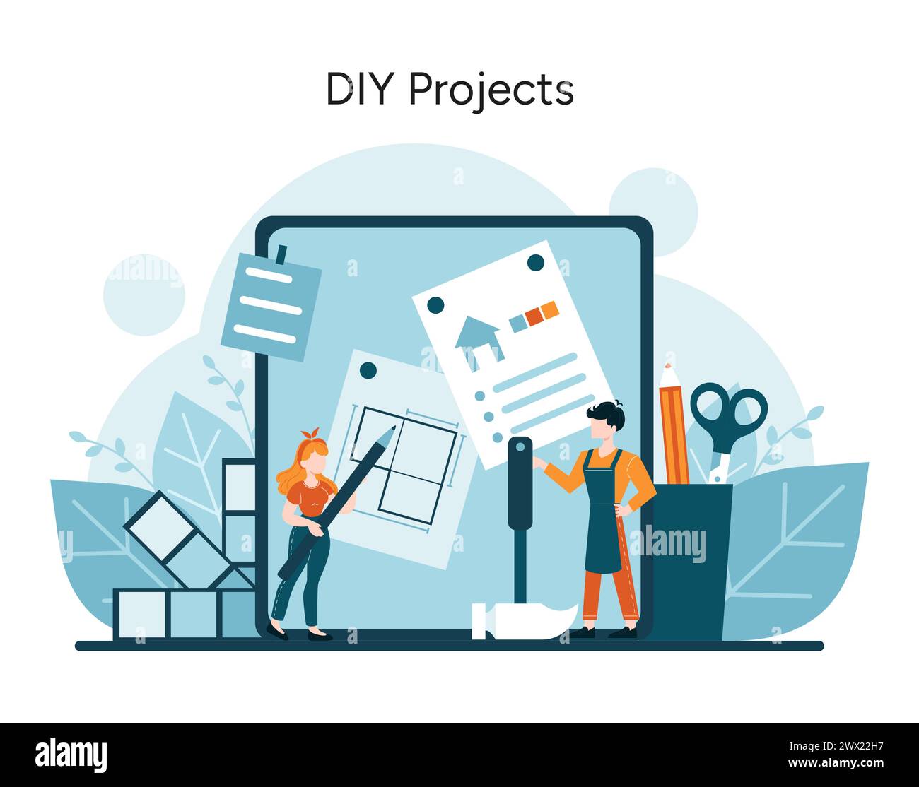 Kreativitätskonzept erstellen. Enthusiasten tauchen in die Kunst von Heimwerkerprojekten ein. Handwerkliches Arbeiten von zu Hause aus, Freude am Machen und Kreativität. Vektorabbildung Stock Vektor