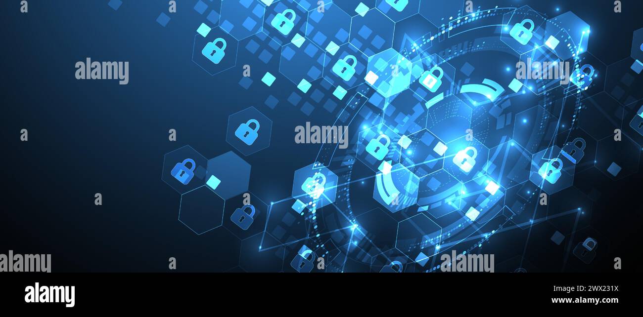 Technologischer Hintergrund mit isometrischem Ornament. Digitale Sicherheit, Datenschutz. Sperren Sie Symbole in der Mitte des Sechskants. Stock Vektor
