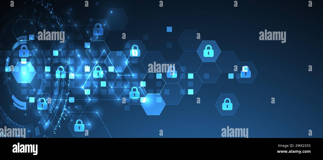 Technologischer Hintergrund mit isometrischem Ornament. Digitale Sicherheit, Datenschutz. Sperren Sie Symbole in der Mitte des Sechskants. Stock Vektor