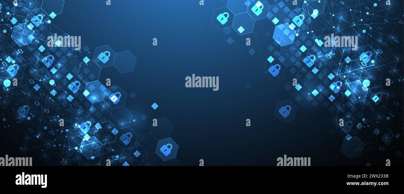 Technologischer Hintergrund mit isometrischem Ornament. Digitale Sicherheit, Datenschutz. Sperren Sie Symbole in der Mitte des Sechskants. Stock Vektor