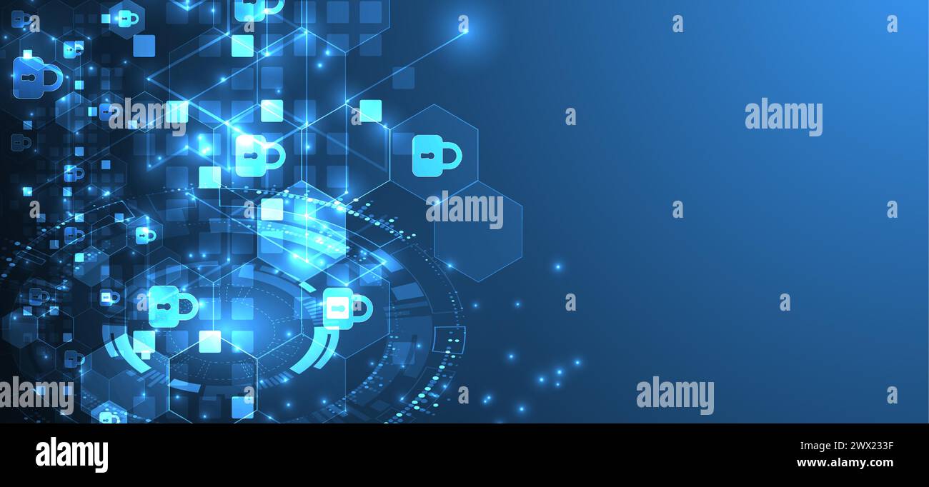 Technologischer Hintergrund mit isometrischem Ornament. Digitale Sicherheit, Datenschutz. Sperren Sie Symbole in der Mitte des Sechskants. Stock Vektor