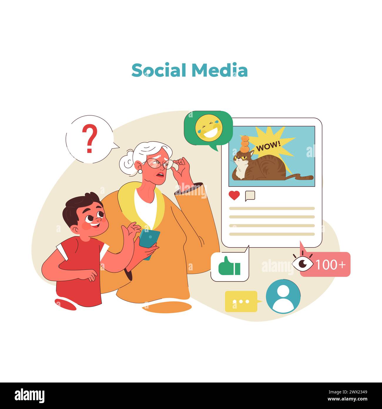 Social Media Discovery-Konzept. Großmutter erforscht soziale Netzwerke mit Hilfe des Enkelkindes. Senioren in digitale Gespräche einbinden. Verstehen von Internet-Witzen und Memes. Vektorabbildung Stock Vektor