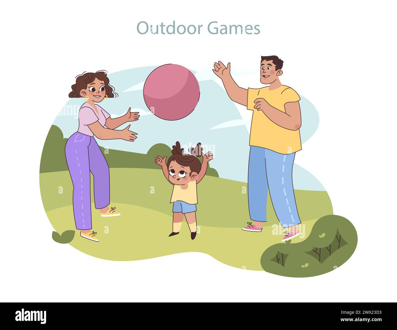 Aktives Familienset. Eltern und Kinder genießen einen lebhaften und verspielten Tag im Park, während sie die Natur bei einem lebhaften Ballspiel genießen. Stock Vektor