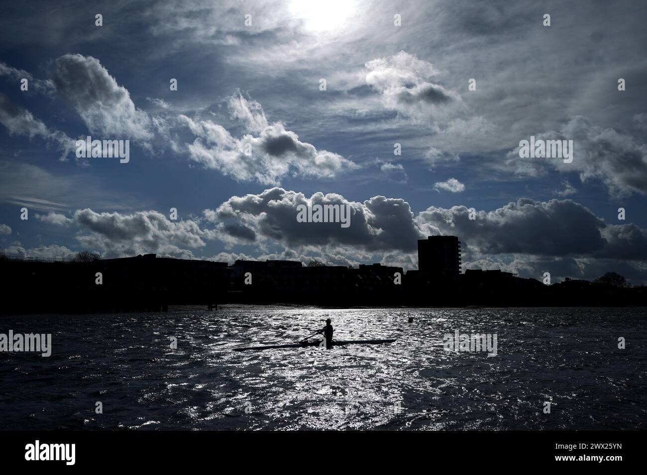 Ein Ruderboot auf der Themse Putney, London. Bilddatum: Mittwoch, 27. März 2024. Stockfoto