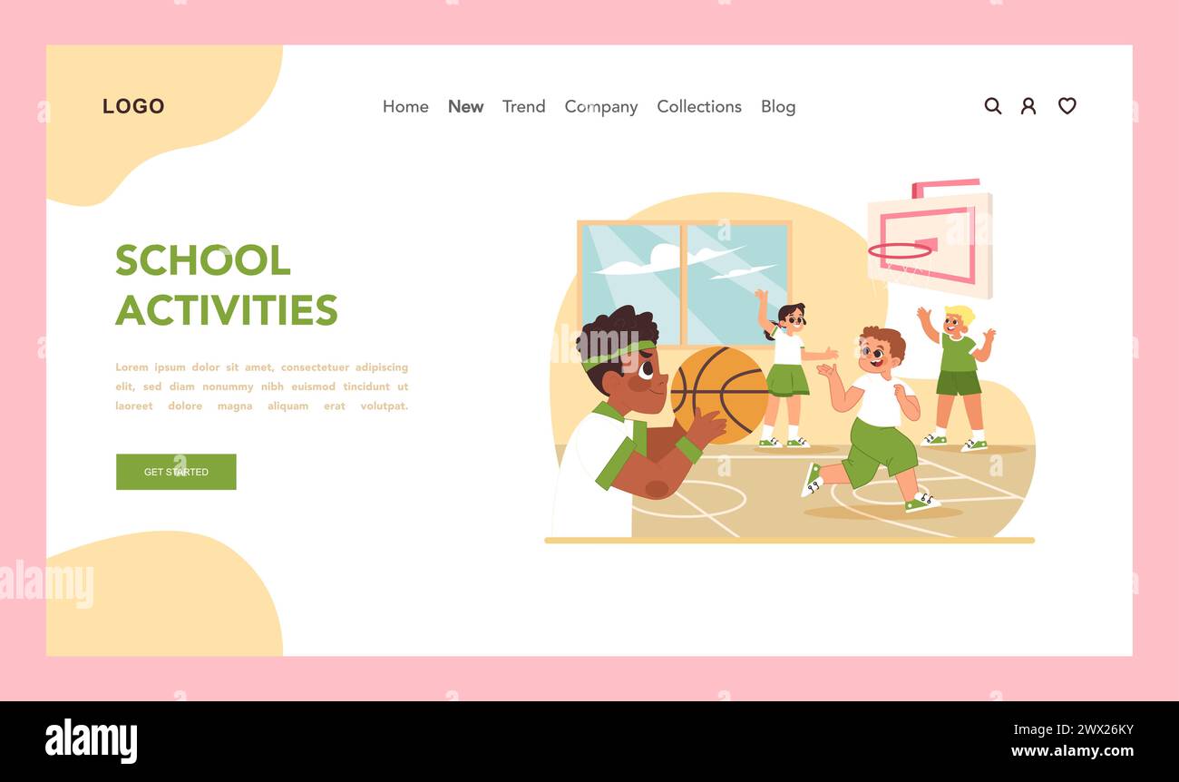 Schulaktivitäten im Internet oder bei Landung. Kinder, die nach dem Unterricht an Sportspielen teilnehmen. Die lebendige Energie der Schüler, die am Basketball teilnehmen, zeigt den Geist des Schulsports. Illustration des flachen Vektors Stock Vektor