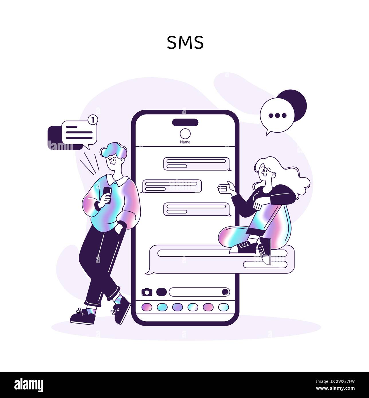 Text Messaging-Schnittstelle. Zeichen, die auf einem Smartphone mit SMS interagieren, symbolisieren sofortige textbasierte Kommunikation. Effiziente Messaging-Technologie. Vektorabbildung Stock Vektor