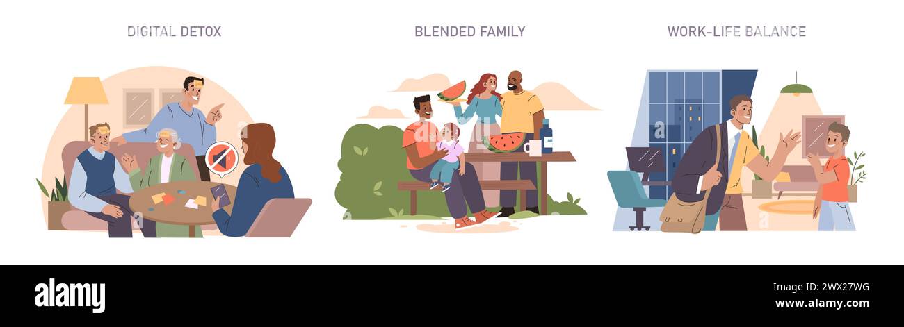 Moderne Familien. Digitale Grenzen aufzeichnen, Familien harmonisch zusammenfügen, Synergien zwischen Arbeit und Privatleben erzielen. Familiendynamik im digitalen Zeitalter. Stock Vektor