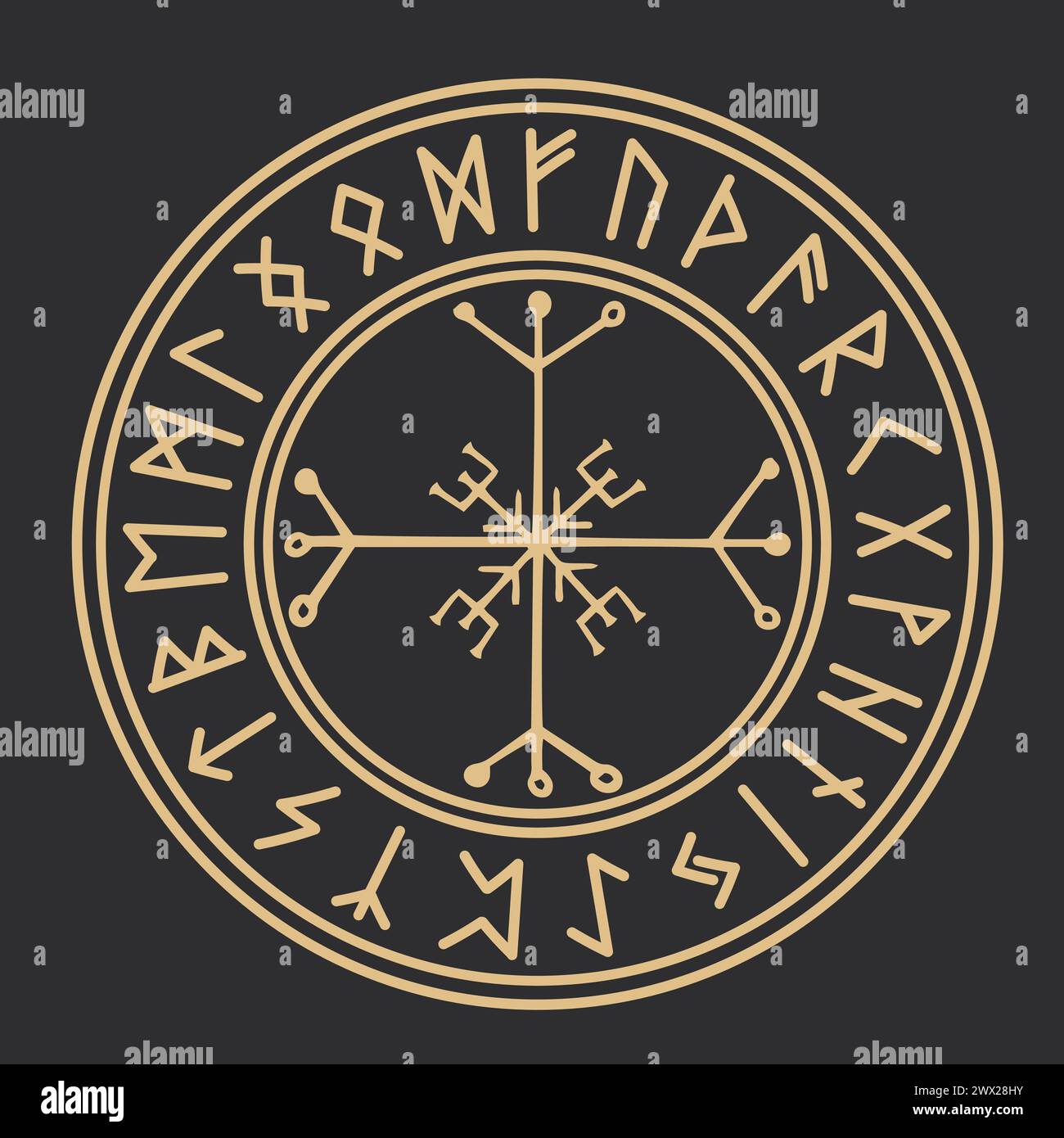 Runenkreis Gold isländischer keltischer wikinger-Talisman Navigation Kompass, Rahmen okkultes Amulett, stammesnordische Schrift isoliert auf dunklem Hintergrund. Vektorabbildung Stock Vektor