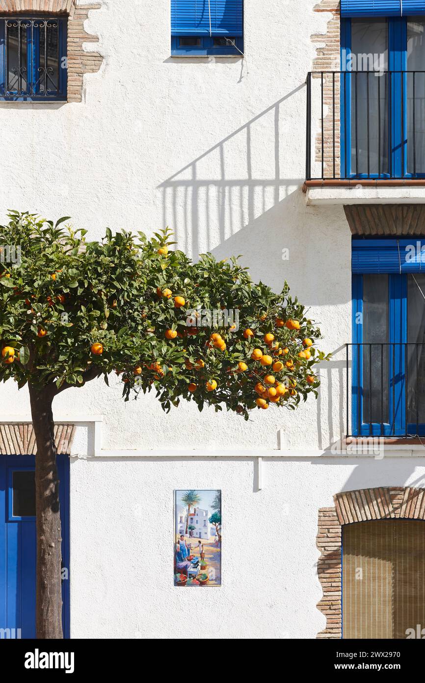 Malerische mediterrane Gebäudefassade in Cadaques. Costa Brava, Girona. Spanien Stockfoto