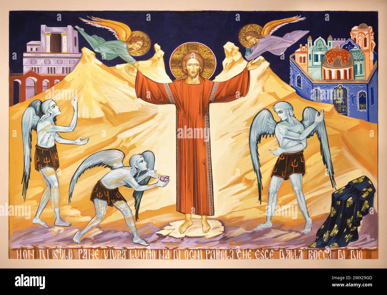 MAILAND, ITALIEN - 6. MÄRZ 2024: Die iotische Versuchung Jesu in der Kirche Chiesa dei Santi Nereo e Achilleo von Iulian Rosu (2021). Stockfoto