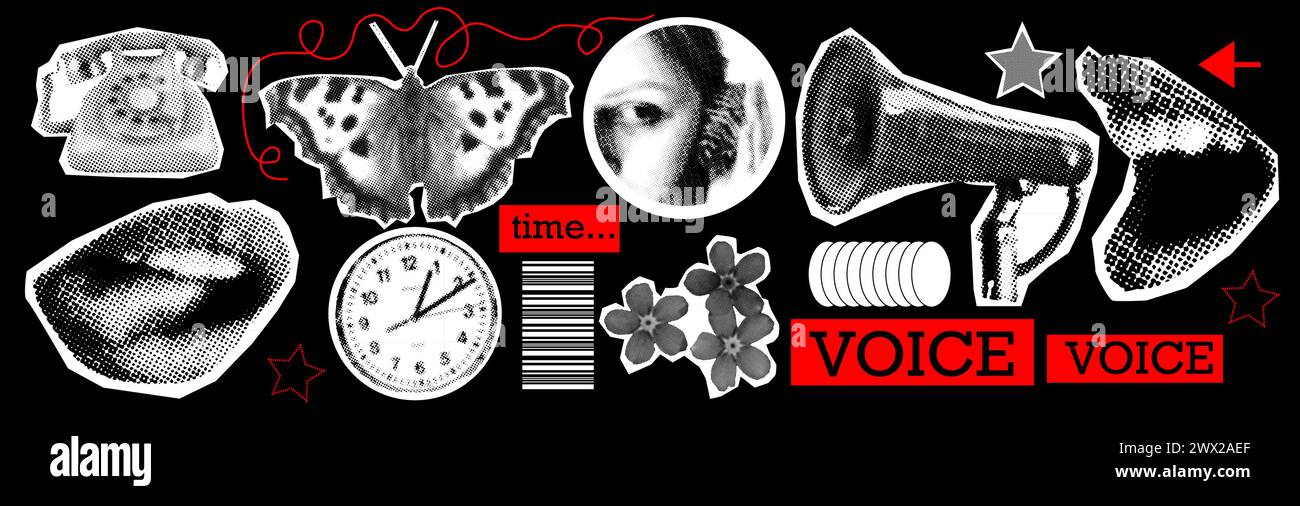 Vintage-Collage. Halbtonzeiger, Mund, Uhr. Schreiend zu einem Megaphon. Ohr mit Hülle. Terminplanung und Zeitmanagement. Moderner Vektor Stock Vektor
