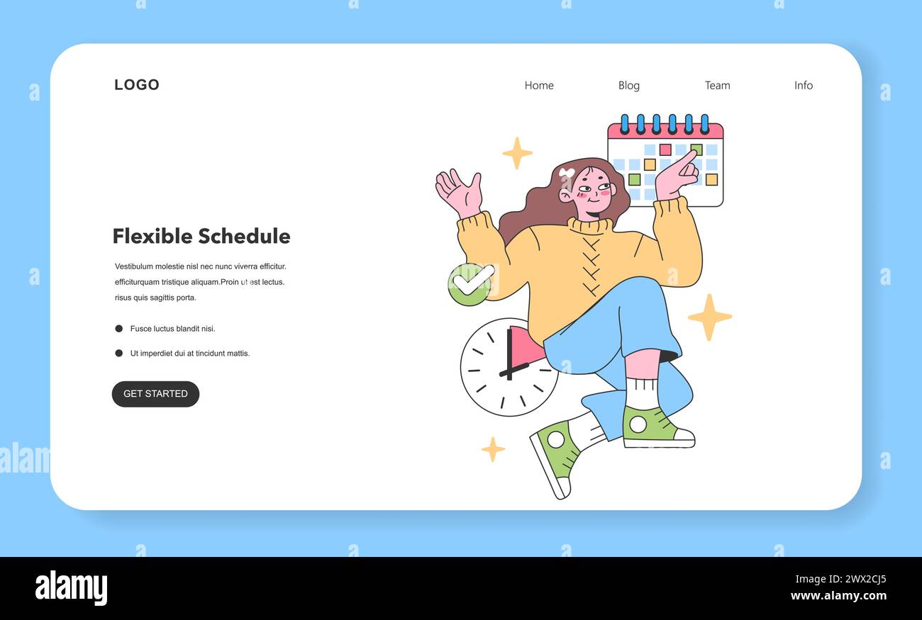 Flexibles Zeitplanset. Profis mit vielfältigen Arbeitsabläufen. Remote-Arbeit, komprimierte Arbeitswoche, Jobsharing, Freiberufung. Telearbeit und Kernzeiten. Illustration des flachen Vektors Stock Vektor