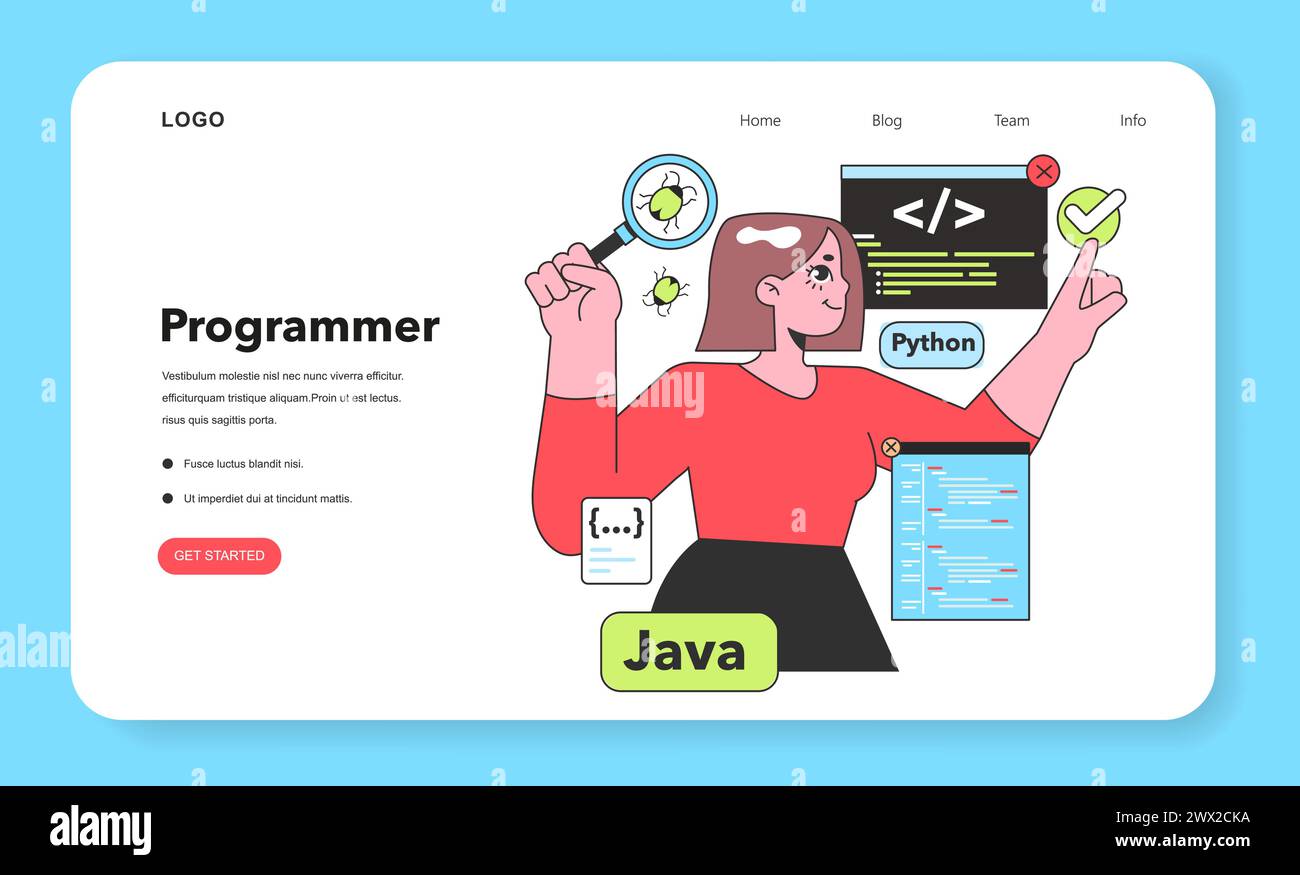 Ein Programmierer untersucht Code geschickt auf Fehler, eine Metapher für die akribische Natur der Softwareentwicklung, wobei Python und Java ihre vielseitigen Fähigkeiten hervorheben Stock Vektor