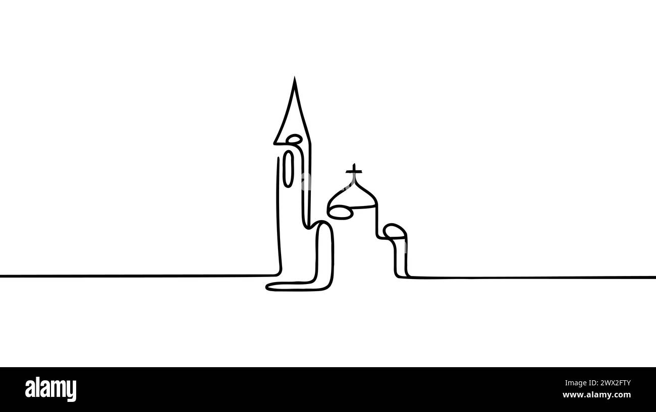 Kirche in durchgehender Zeichnungsstil. Abstraktes Kirchengebäude mit Glockenturm. Minimalistische schwarze lineare Skizze isoliert auf weißem Hintergrund. Ve Stock Vektor