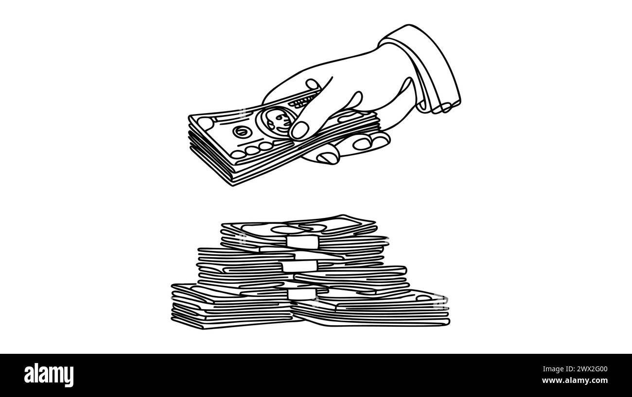 Mehrere Geldpakete, Bargeld, Banknoten, Dollar, Hrywnja, Euro eine Zeile Art. Durchgehende Linienzeichnung der Bank. Stock Vektor
