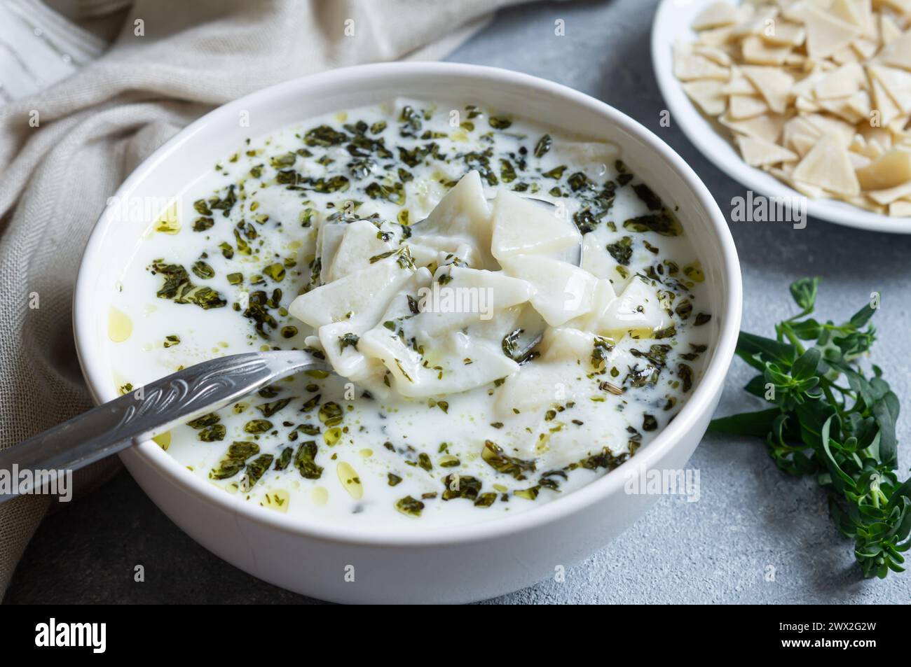 Traditionelle türkische hausgemachte dreieckige Joghurtteigsuppe mit Öl und getrockneten Minzblättern Stockfoto