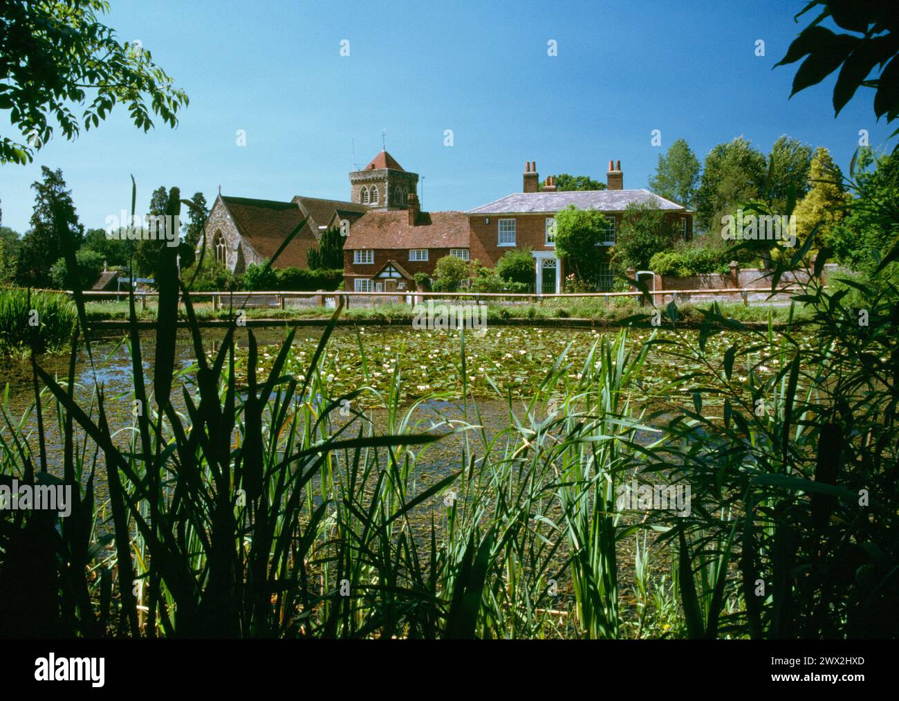 Chiddingfold, The Green, Haslemere, Surrey, LSW über den Teich zu Kirche und Hütten. 19. Juli 1990 Stockfoto