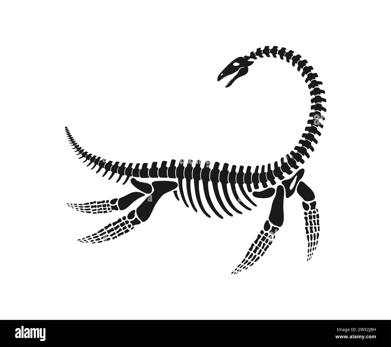 Dinosaurier Skelett Fossil oder Plesiosaurus dino Bones, Vektor Jurassic Reptil. Marine Dinosaurier-Eidechse oder archäologisches Fossil Skelett des ausgestorbenen Reptils Plesiosaurus mit Knochen-Silhouettenabdruck Stock Vektor